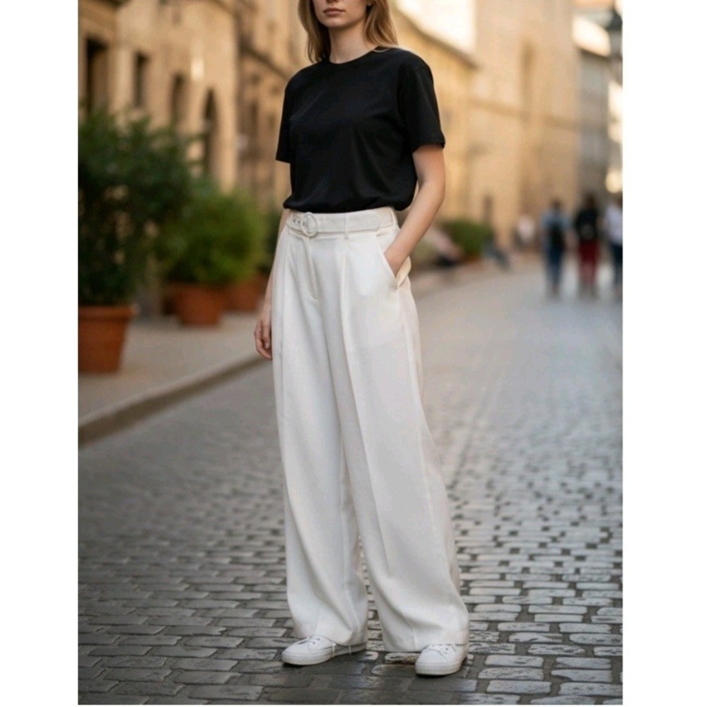 House of Harlow 1960‎ Womens Wide Leg Trousers Cream Off White High Rise Size M